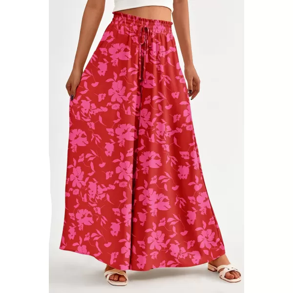 PRETTYGARDEN Womens 2024 Summer Wide Leg Palazzo Pants High Waisted Flowy Pockets Trendy Casual Lounge Boho Beach TrousersPrint Red