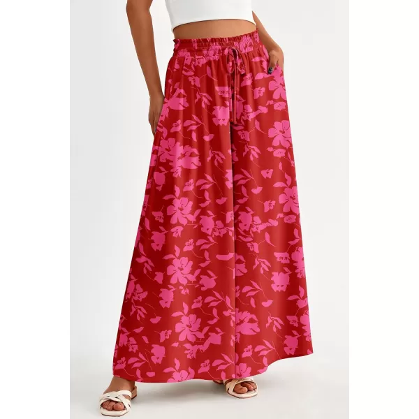 PRETTYGARDEN Womens 2024 Summer Wide Leg Palazzo Pants High Waisted Flowy Pockets Trendy Casual Lounge Boho Beach TrousersPrint Red