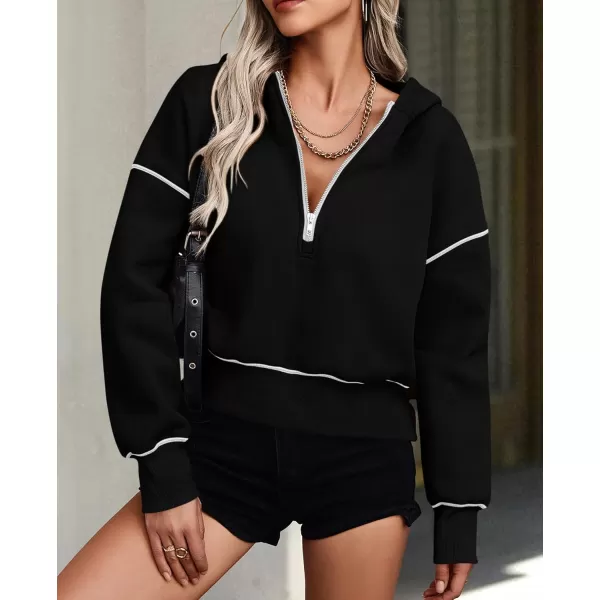 PRETTYGARDEN Womens Hooded Sweatshirts Long Sleeve Half Zip Cropped Hoodie Pullover Fall Fashion ClothesBlack