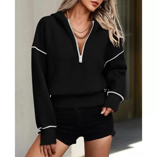PRETTYGARDEN Womens Hooded Sweatshirts Long Sleeve Half Zip Cropped Hoodie Pullover Fall Fashion ClothesBlack