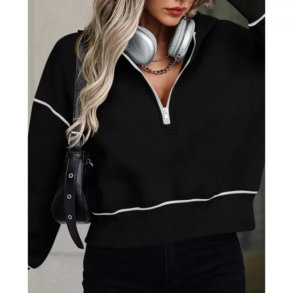 PRETTYGARDEN Womens Hooded Sweatshirts Long Sleeve Half Zip Cropped Hoodie Pullover Fall Fashion ClothesBlack