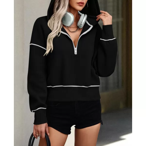 PRETTYGARDEN Womens Hooded Sweatshirts Long Sleeve Half Zip Cropped Hoodie Pullover Fall Fashion ClothesBlack