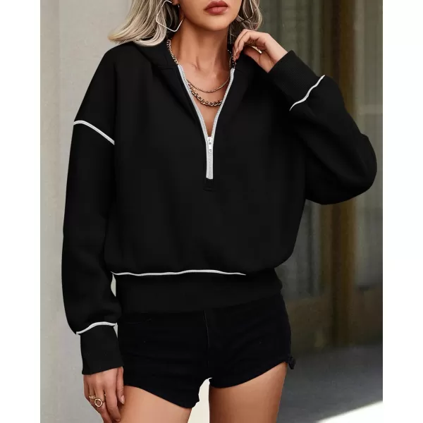 PRETTYGARDEN Womens Hooded Sweatshirts Long Sleeve Half Zip Cropped Hoodie Pullover Fall Fashion ClothesBlack