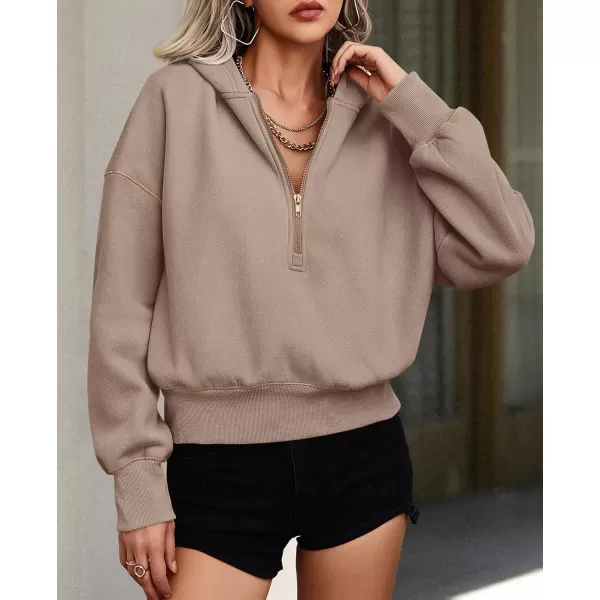 PRETTYGARDEN Womens Hooded Sweatshirts Long Sleeve Half Zip Cropped Hoodie Pullover Fall Fashion ClothesKhaki
