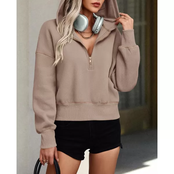 PRETTYGARDEN Womens Hooded Sweatshirts Long Sleeve Half Zip Cropped Hoodie Pullover Fall Fashion ClothesKhaki