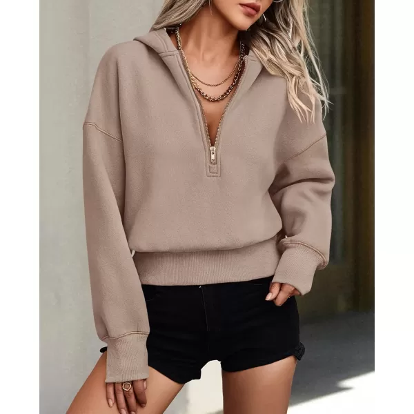 PRETTYGARDEN Womens Hooded Sweatshirts Long Sleeve Half Zip Cropped Hoodie Pullover Fall Fashion ClothesKhaki