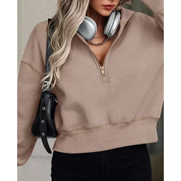 PRETTYGARDEN Womens Hooded Sweatshirts Long Sleeve Half Zip Cropped Hoodie Pullover Fall Fashion ClothesKhaki