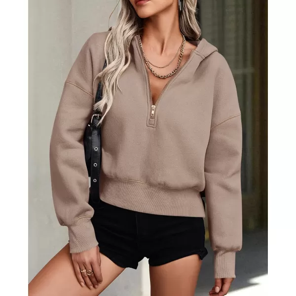 PRETTYGARDEN Womens Hooded Sweatshirts Long Sleeve Half Zip Cropped Hoodie Pullover Fall Fashion ClothesKhaki