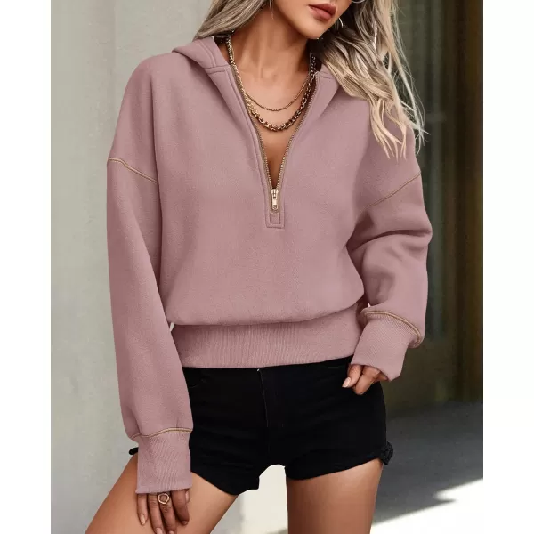 PRETTYGARDEN Womens Hooded Sweatshirts Long Sleeve Half Zip Cropped Hoodie Pullover Fall Fashion ClothesPink