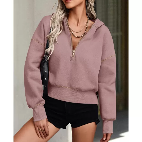 PRETTYGARDEN Womens Hooded Sweatshirts Long Sleeve Half Zip Cropped Hoodie Pullover Fall Fashion ClothesPink