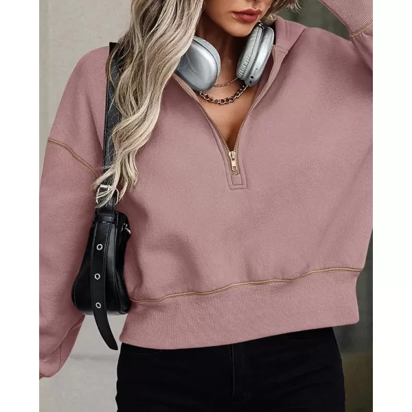 PRETTYGARDEN Womens Hooded Sweatshirts Long Sleeve Half Zip Cropped Hoodie Pullover Fall Fashion ClothesPink