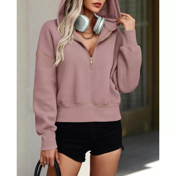 PRETTYGARDEN Womens Hooded Sweatshirts Long Sleeve Half Zip Cropped Hoodie Pullover Fall Fashion ClothesPink