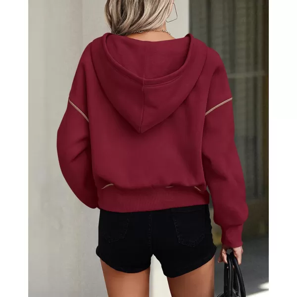 PRETTYGARDEN Womens Hooded Sweatshirts Long Sleeve Half Zip Cropped Hoodie Pullover Fall Fashion ClothesWine Red
