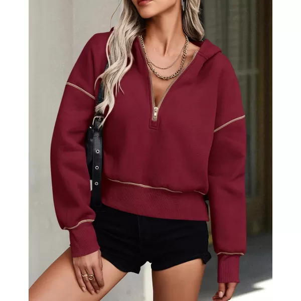 PRETTYGARDEN Womens Hooded Sweatshirts Long Sleeve Half Zip Cropped Hoodie Pullover Fall Fashion ClothesWine Red