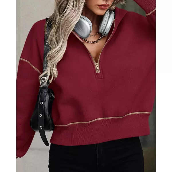 PRETTYGARDEN Womens Hooded Sweatshirts Long Sleeve Half Zip Cropped Hoodie Pullover Fall Fashion ClothesWine Red