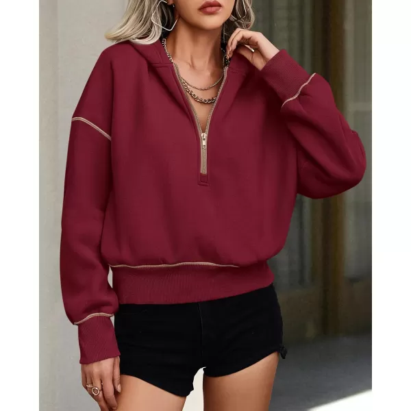 PRETTYGARDEN Womens Hooded Sweatshirts Long Sleeve Half Zip Cropped Hoodie Pullover Fall Fashion ClothesWine Red