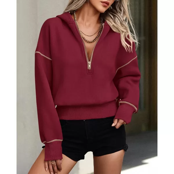 PRETTYGARDEN Womens Hooded Sweatshirts Long Sleeve Half Zip Cropped Hoodie Pullover Fall Fashion ClothesWine Red