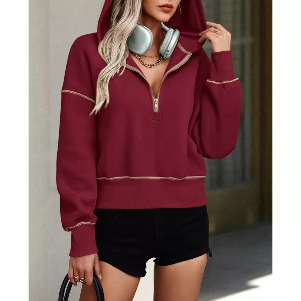 PRETTYGARDEN Womens Hooded Sweatshirts Long Sleeve Half Zip Cropped Hoodie Pullover Fall Fashion ClothesWine Red