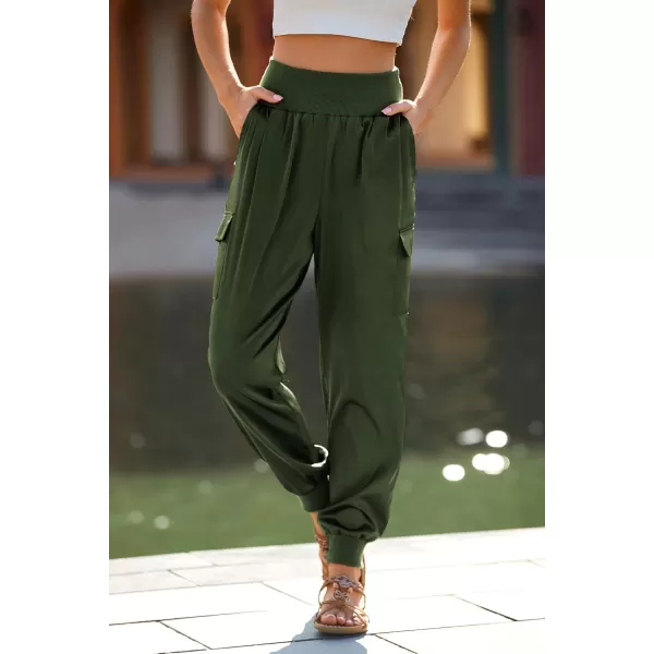 PRETTYGARDEN Womens Satin Jogger Pants Casual High Waist Long Lounge Pant Trousers with PocketsArmy Green