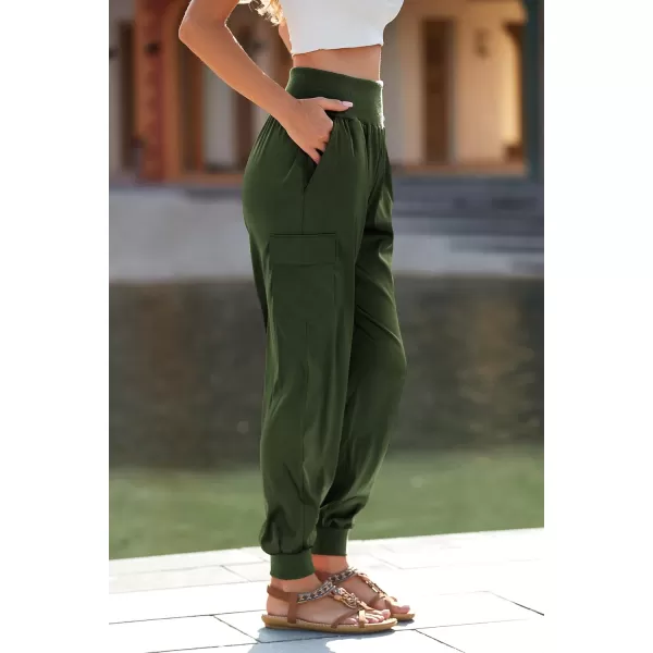 PRETTYGARDEN Womens Satin Jogger Pants Casual High Waist Long Lounge Pant Trousers with PocketsArmy Green