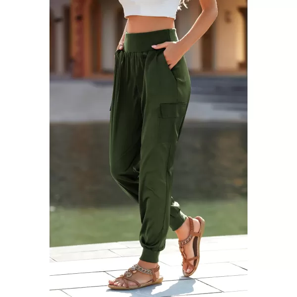 PRETTYGARDEN Womens Satin Jogger Pants Casual High Waist Long Lounge Pant Trousers with PocketsArmy Green