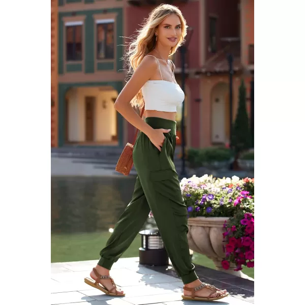 PRETTYGARDEN Womens Satin Jogger Pants Casual High Waist Long Lounge Pant Trousers with PocketsArmy Green