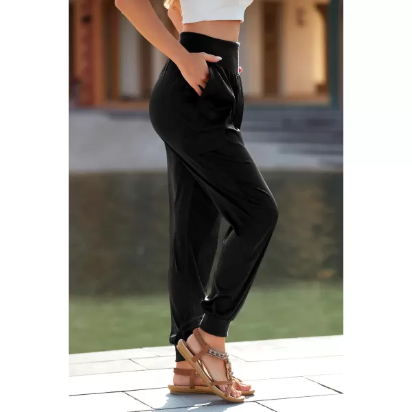 PRETTYGARDEN Womens Satin Jogger Pants Casual High Waist Long Lounge Pant Trousers with PocketsBlack