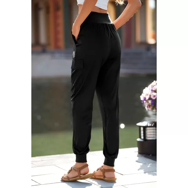 PRETTYGARDEN Womens Satin Jogger Pants Casual High Waist Long Lounge Pant Trousers with PocketsBlack
