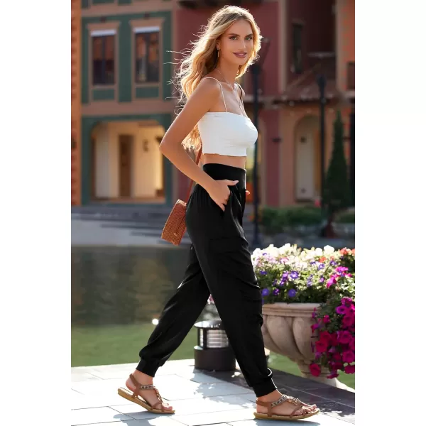 PRETTYGARDEN Womens Satin Jogger Pants Casual High Waist Long Lounge Pant Trousers with PocketsBlack