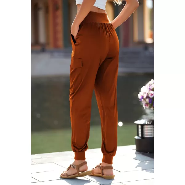 PRETTYGARDEN Womens Satin Jogger Pants Casual High Waist Long Lounge Pant Trousers with PocketsBrick Red