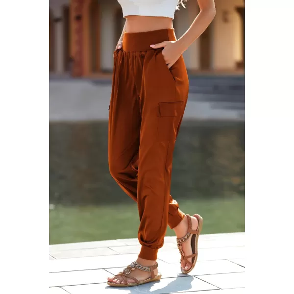 PRETTYGARDEN Womens Satin Jogger Pants Casual High Waist Long Lounge Pant Trousers with PocketsBrick Red