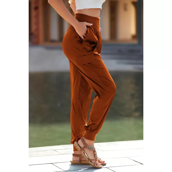 PRETTYGARDEN Womens Satin Jogger Pants Casual High Waist Long Lounge Pant Trousers with PocketsBrick Red