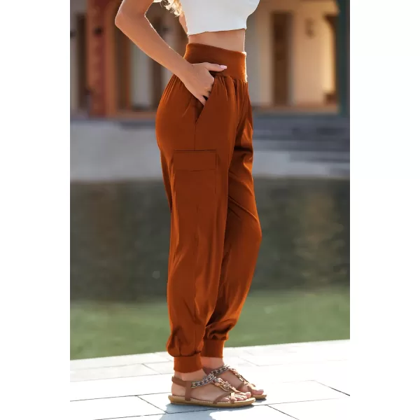 PRETTYGARDEN Womens Satin Jogger Pants Casual High Waist Long Lounge Pant Trousers with PocketsBrick Red