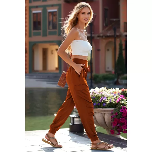 PRETTYGARDEN Womens Satin Jogger Pants Casual High Waist Long Lounge Pant Trousers with PocketsBrick Red