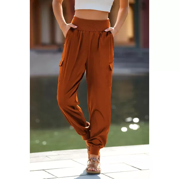 PRETTYGARDEN Womens Satin Jogger Pants Casual High Waist Long Lounge Pant Trousers with PocketsBrick Red