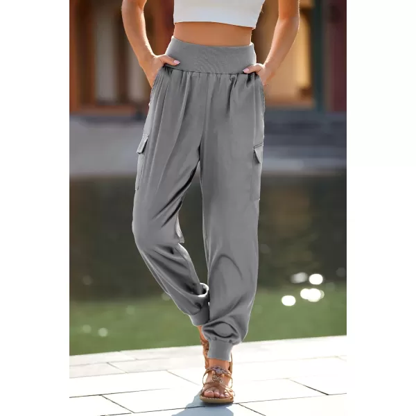 PRETTYGARDEN Womens Satin Jogger Pants Casual High Waist Long Lounge Pant Trousers with PocketsGrey
