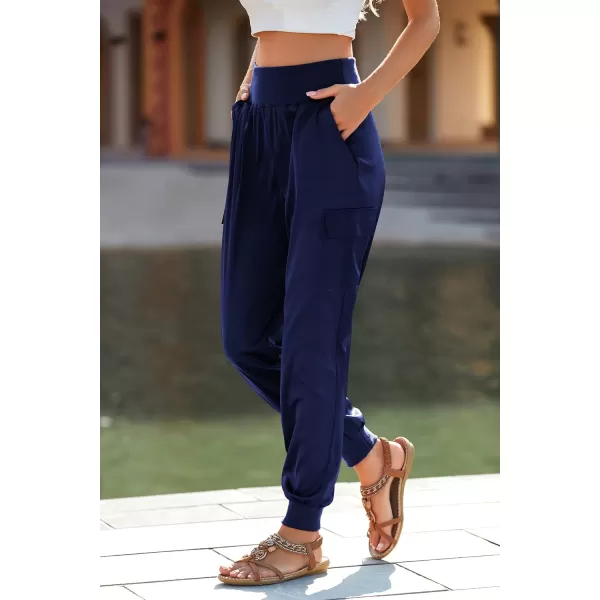PRETTYGARDEN Womens Satin Jogger Pants Casual High Waist Long Lounge Pant Trousers with PocketsNavy