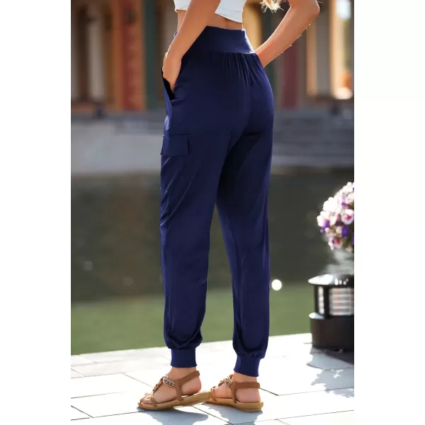 PRETTYGARDEN Womens Satin Jogger Pants Casual High Waist Long Lounge Pant Trousers with PocketsNavy