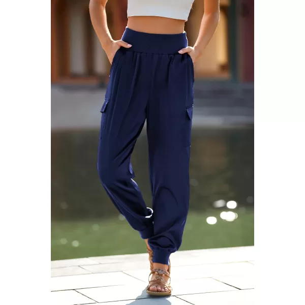 PRETTYGARDEN Womens Satin Jogger Pants Casual High Waist Long Lounge Pant Trousers with PocketsNavy