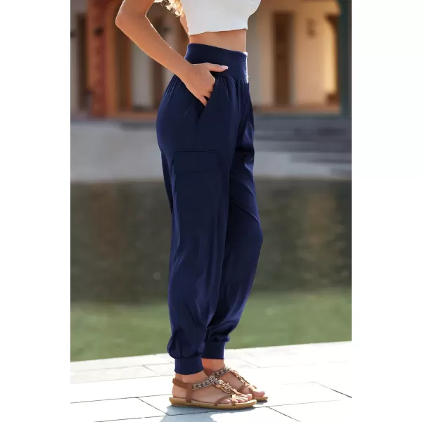 PRETTYGARDEN Womens Satin Jogger Pants Casual High Waist Long Lounge Pant Trousers with PocketsNavy