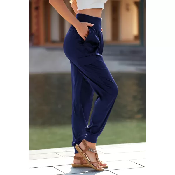 PRETTYGARDEN Womens Satin Jogger Pants Casual High Waist Long Lounge Pant Trousers with PocketsNavy