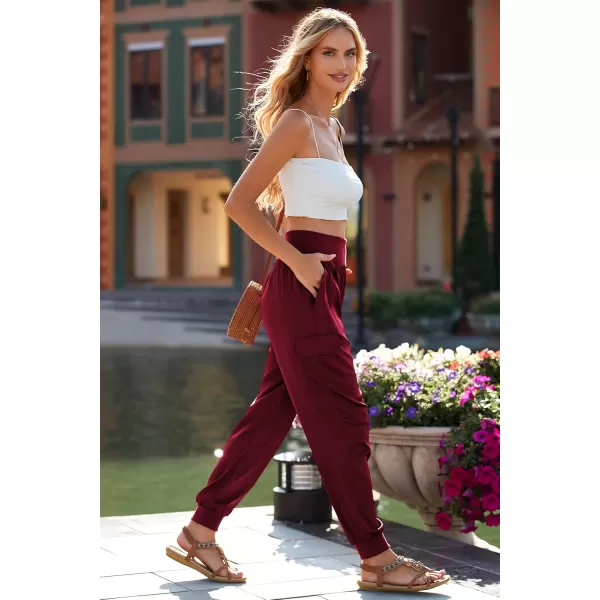 PRETTYGARDEN Womens Satin Jogger Pants Casual High Waist Long Lounge Pant Trousers with PocketsWine Red