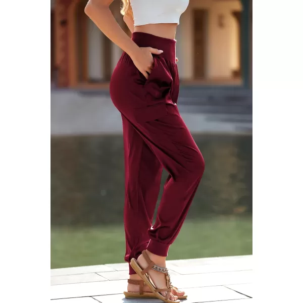 PRETTYGARDEN Womens Satin Jogger Pants Casual High Waist Long Lounge Pant Trousers with PocketsWine Red