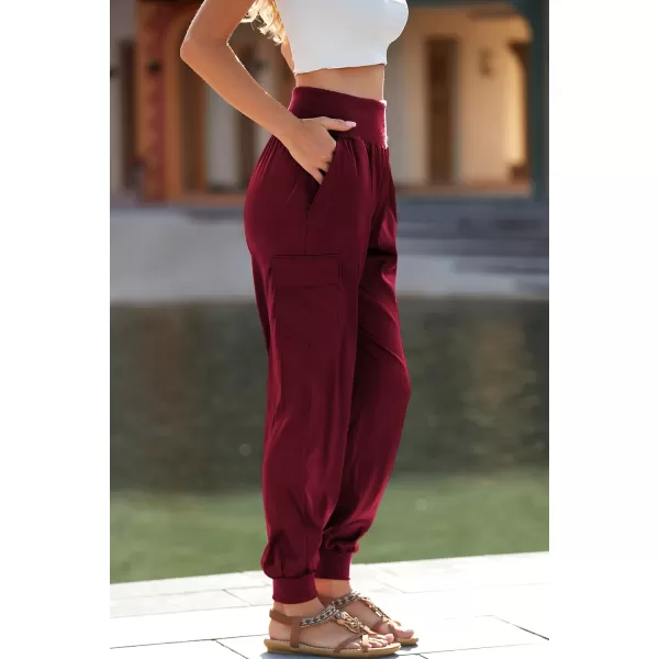 PRETTYGARDEN Womens Satin Jogger Pants Casual High Waist Long Lounge Pant Trousers with PocketsWine Red
