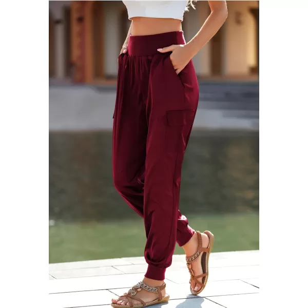 PRETTYGARDEN Womens Satin Jogger Pants Casual High Waist Long Lounge Pant Trousers with PocketsWine Red