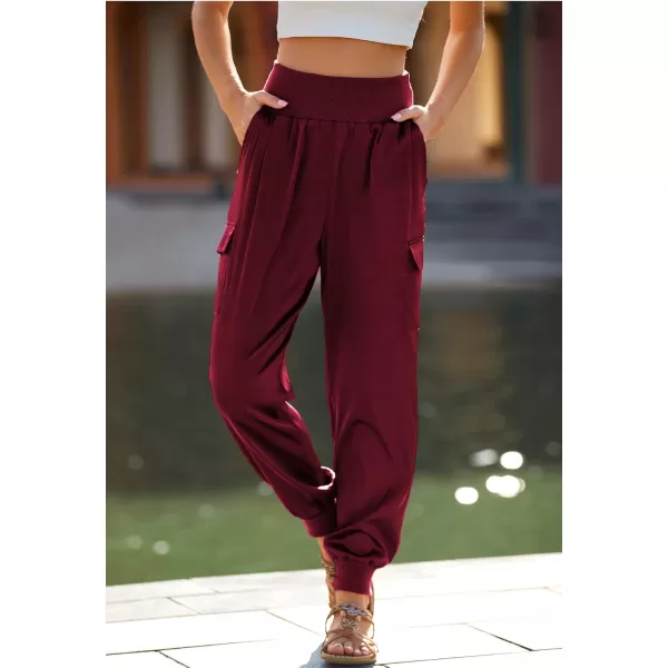PRETTYGARDEN Womens Satin Jogger Pants Casual High Waist Long Lounge Pant Trousers with PocketsWine Red