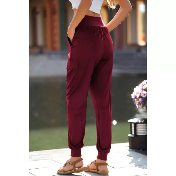 PRETTYGARDEN Womens Satin Jogger Pants Casual High Waist Long Lounge Pant Trousers with PocketsWine Red