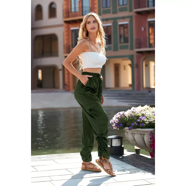 PRETTYGARDEN Womens Satin Jogger Pants Casual High Waist Long Lounge Pant Trousers with PocketsZarmy Green