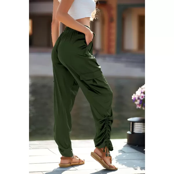 PRETTYGARDEN Womens Satin Jogger Pants Casual High Waist Long Lounge Pant Trousers with PocketsZarmy Green