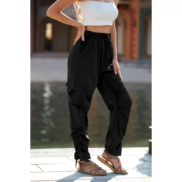 PRETTYGARDEN Womens Satin Jogger Pants Casual High Waist Long Lounge Pant Trousers with PocketsZblack